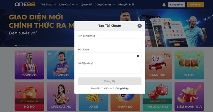 Nhập tài khoản đăng nhập hoặc đăng ký tài khoản ONE88